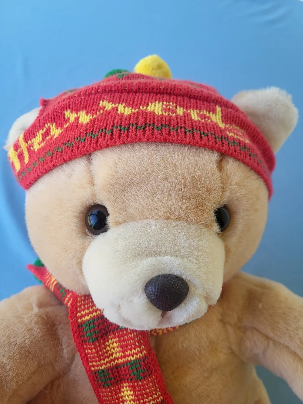Harrods Tan Plush Teddy Bear with Red and Yellow Knit Hat & Scarf
